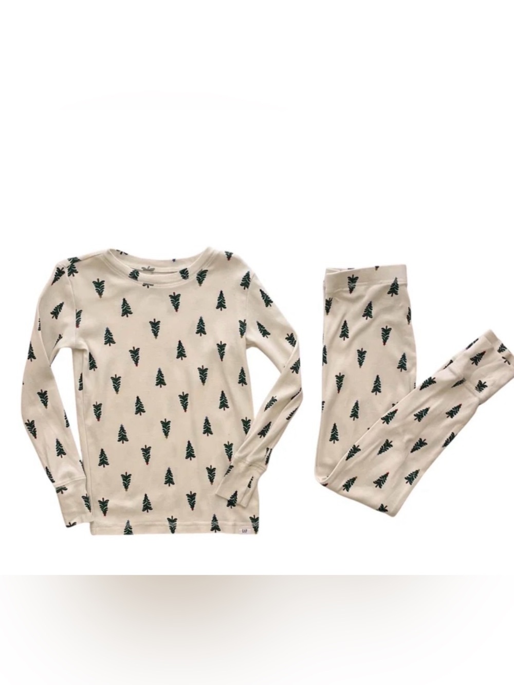 GAP Cream Long Sleeve Pajama Set with Green Tree Print. Size 12 EUC